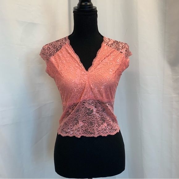Uk2la peach pink lace stretchy V-neck sleeveless top crisscross L clubwear NWOT - Picture 1 of 9